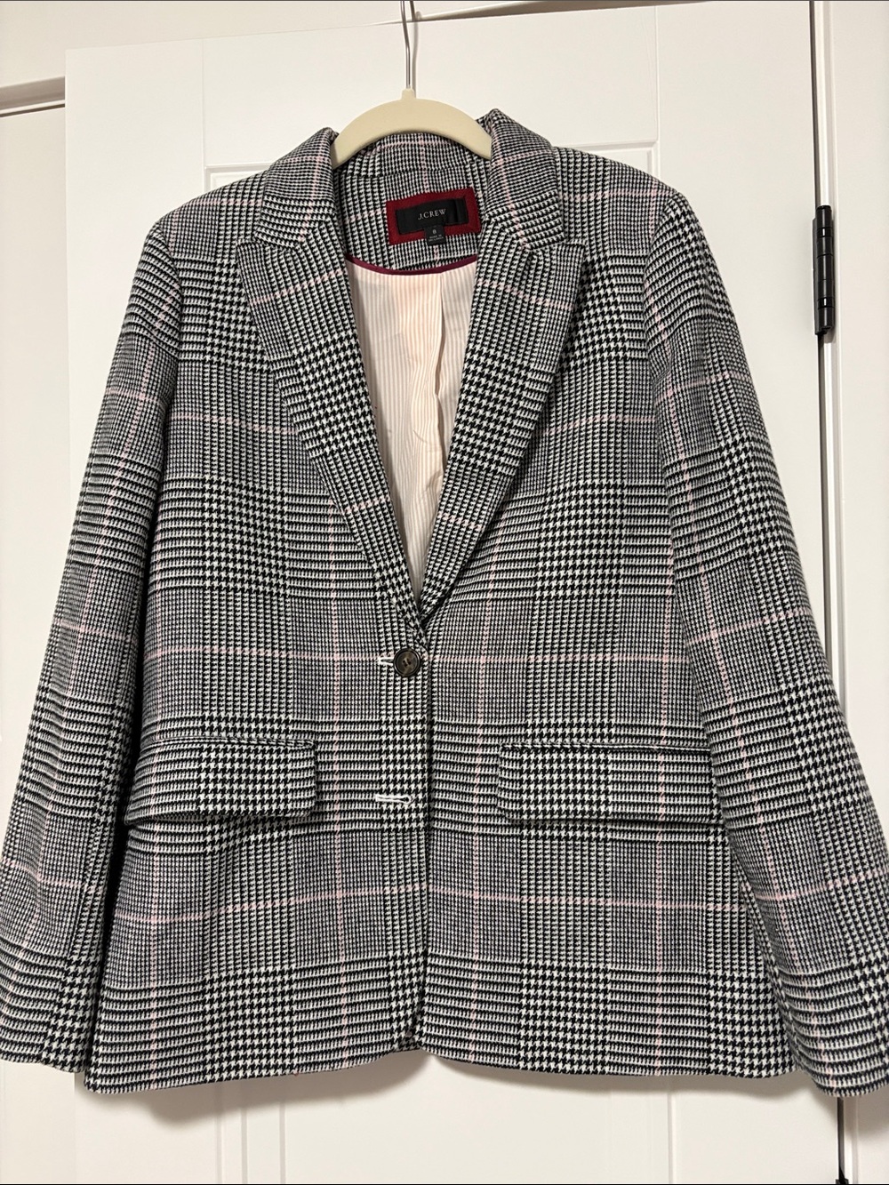 J. Crew Black & White Glen Plaid Blazer with Pink Windowpane